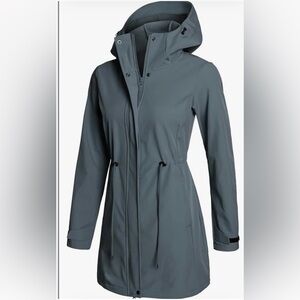 GEMYSE Women’s Waterproof Softshell Long Hooded Windbreaker Raincoat Dark Grey M